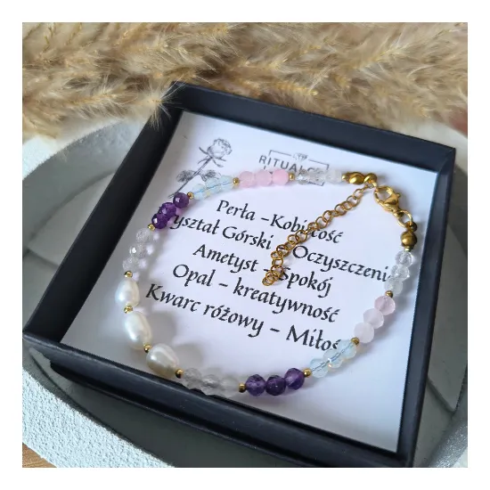 Bransoletka Perła Opal Kwarc Różowy Ametyst talizman amulet kobiecość oczyszczenie spokój